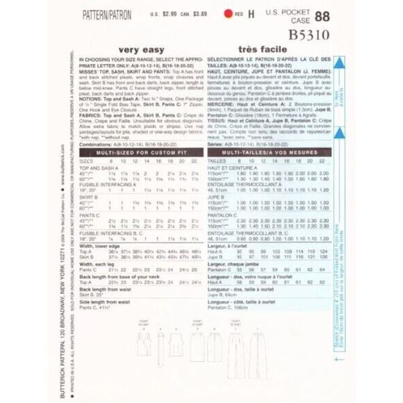 McCall's See&Sew Pattern B5310 Tie Front Top, Skirt & Pants B 16-18-20-22 Uncut - Picture 2 of 2